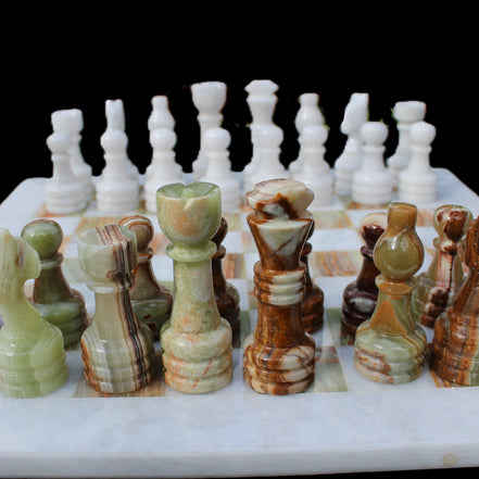 Afghan Jade Onyx hand-carved Chess Set in case in sunlight - Rocks and Things Store