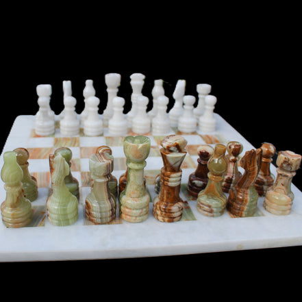Afghan Jade Onyx hand-carved Chess Set in case in sunlight - Rocks and Things Store