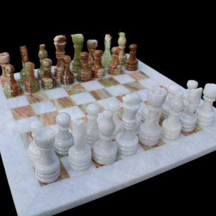 Afghan Jade Onyx hand-carved Chess Set in case in sunlight - Rocks and Things Store