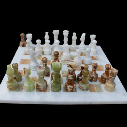 Afghan Jade Onyx hand-carved Chess Set in case in sunlight - Rocks and Things Store