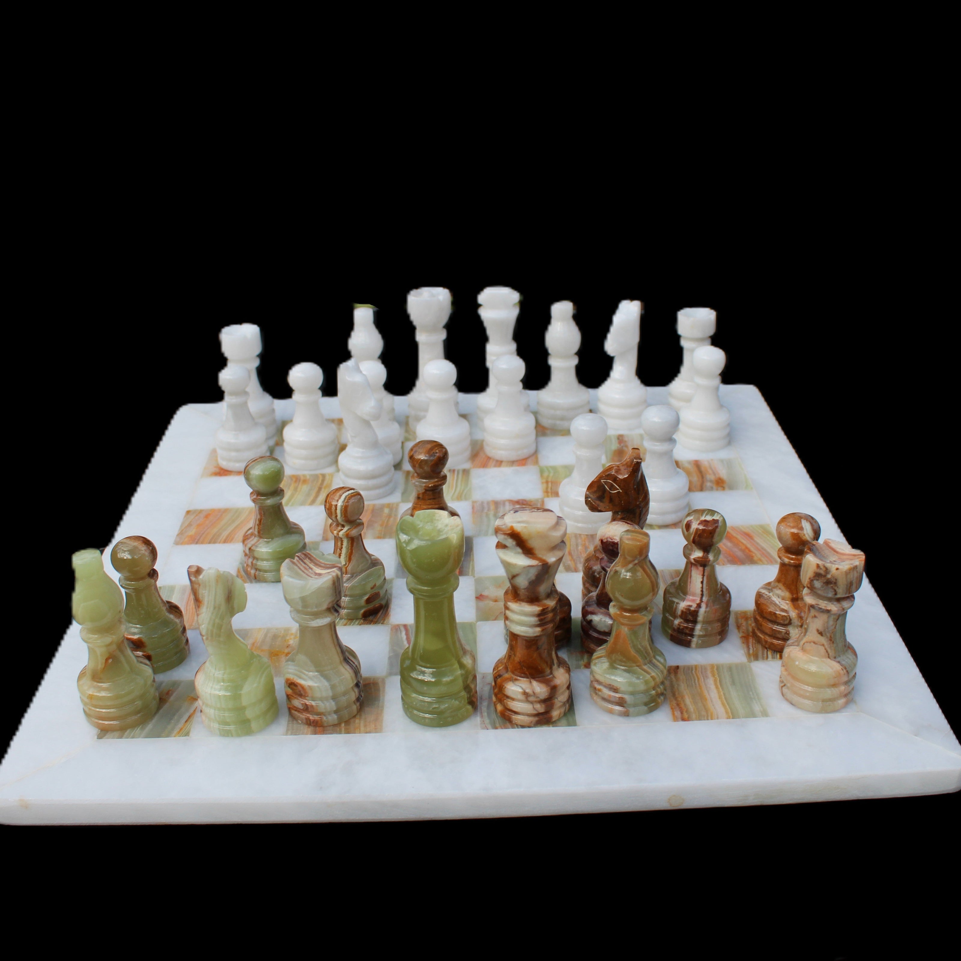 Afghan Jade Onyx hand-carved Chess Set in case in sunlight - Rocks and Things Store