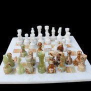 Afghan Jade Onyx hand-carved Chess Set in case in sunlight - Rocks and Things Store