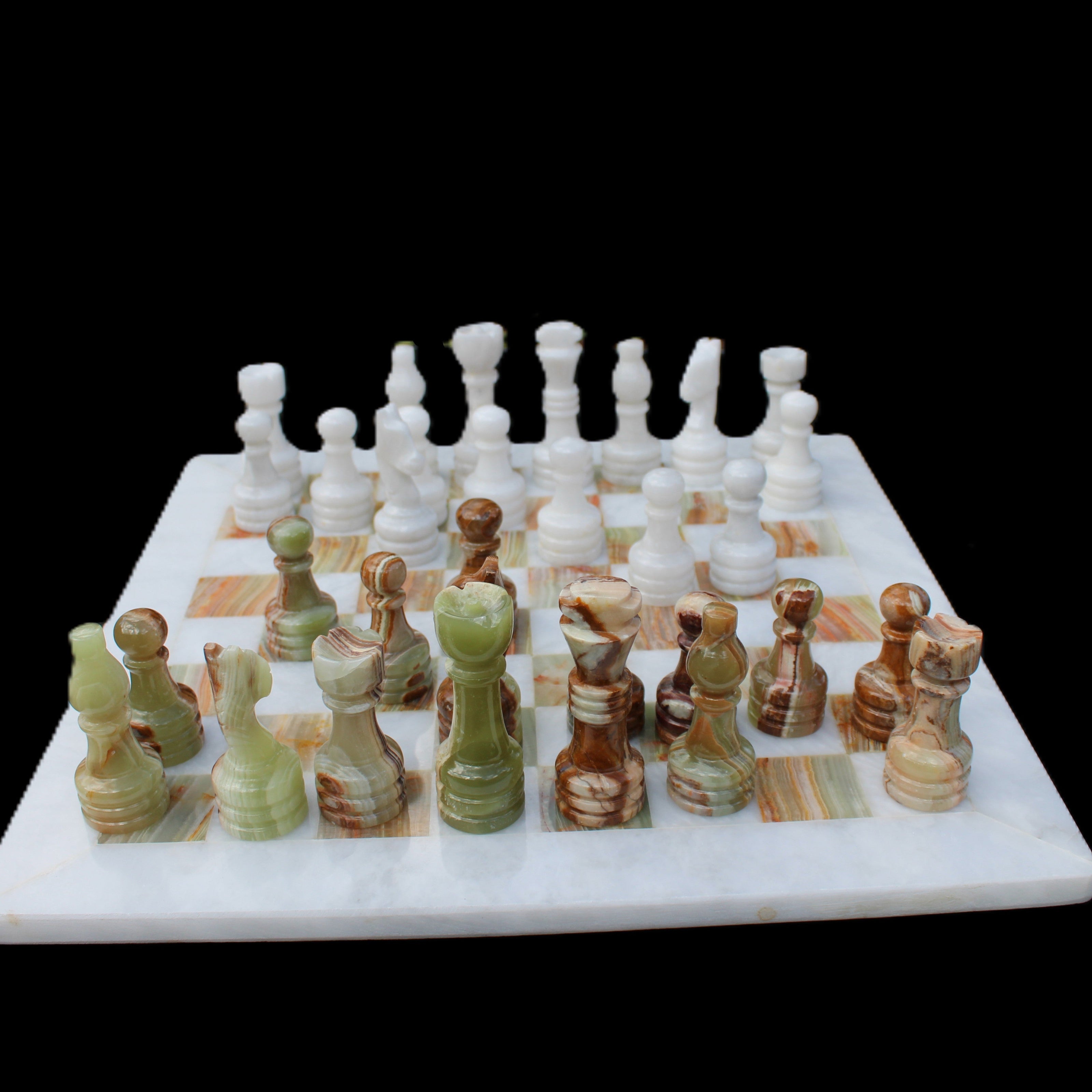 Afghan Jade Onyx hand-carved Chess Set in case in sunlight - Rocks and Things Store