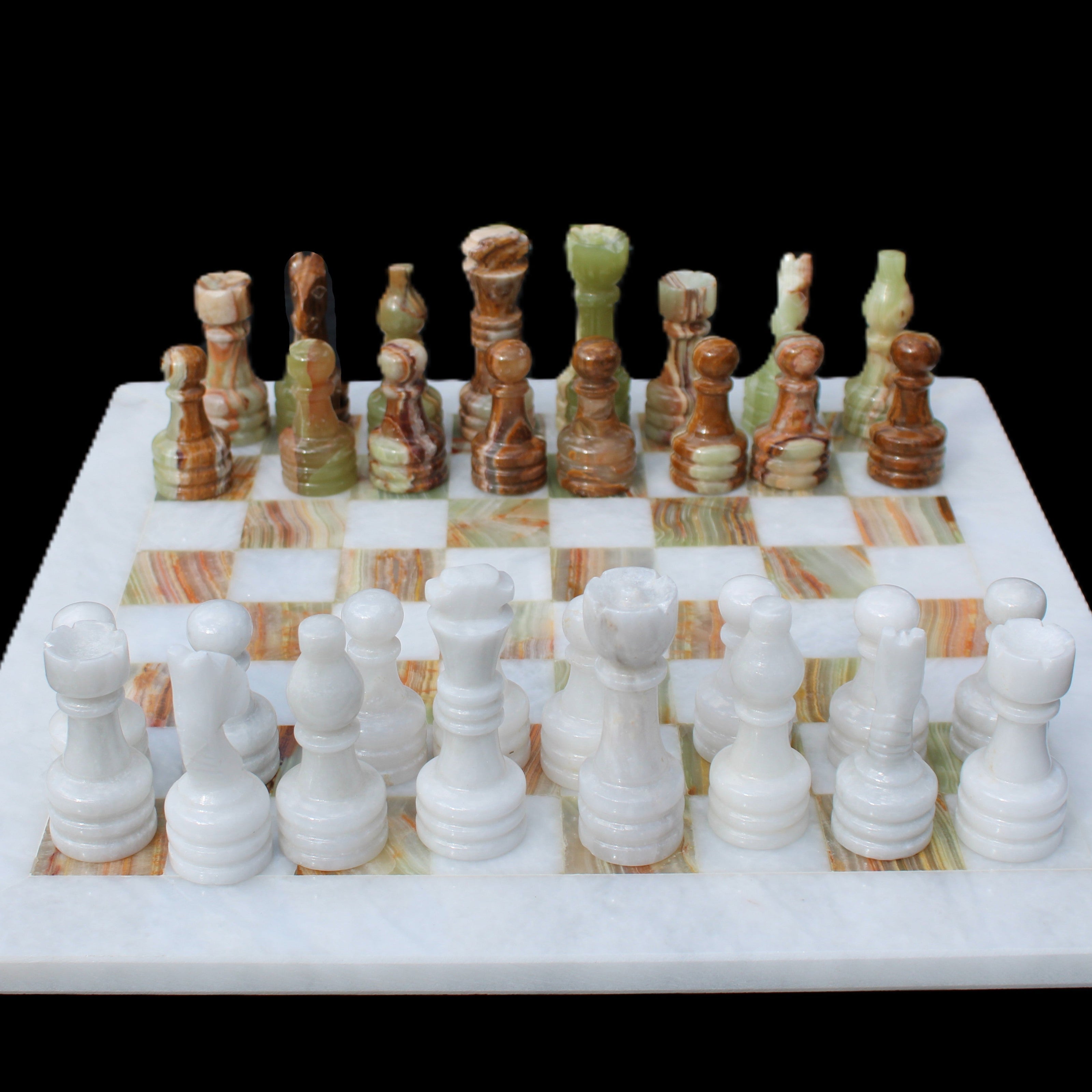 Afghan Jade Onyx hand-carved Chess Set in case in sunlight - Rocks and Things Store