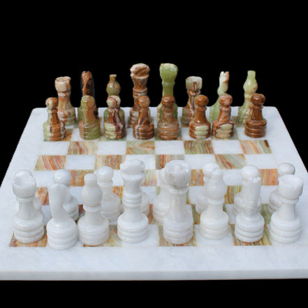 Afghan Jade Onyx hand-carved Chess Set in case in sunlight - Rocks and Things Store