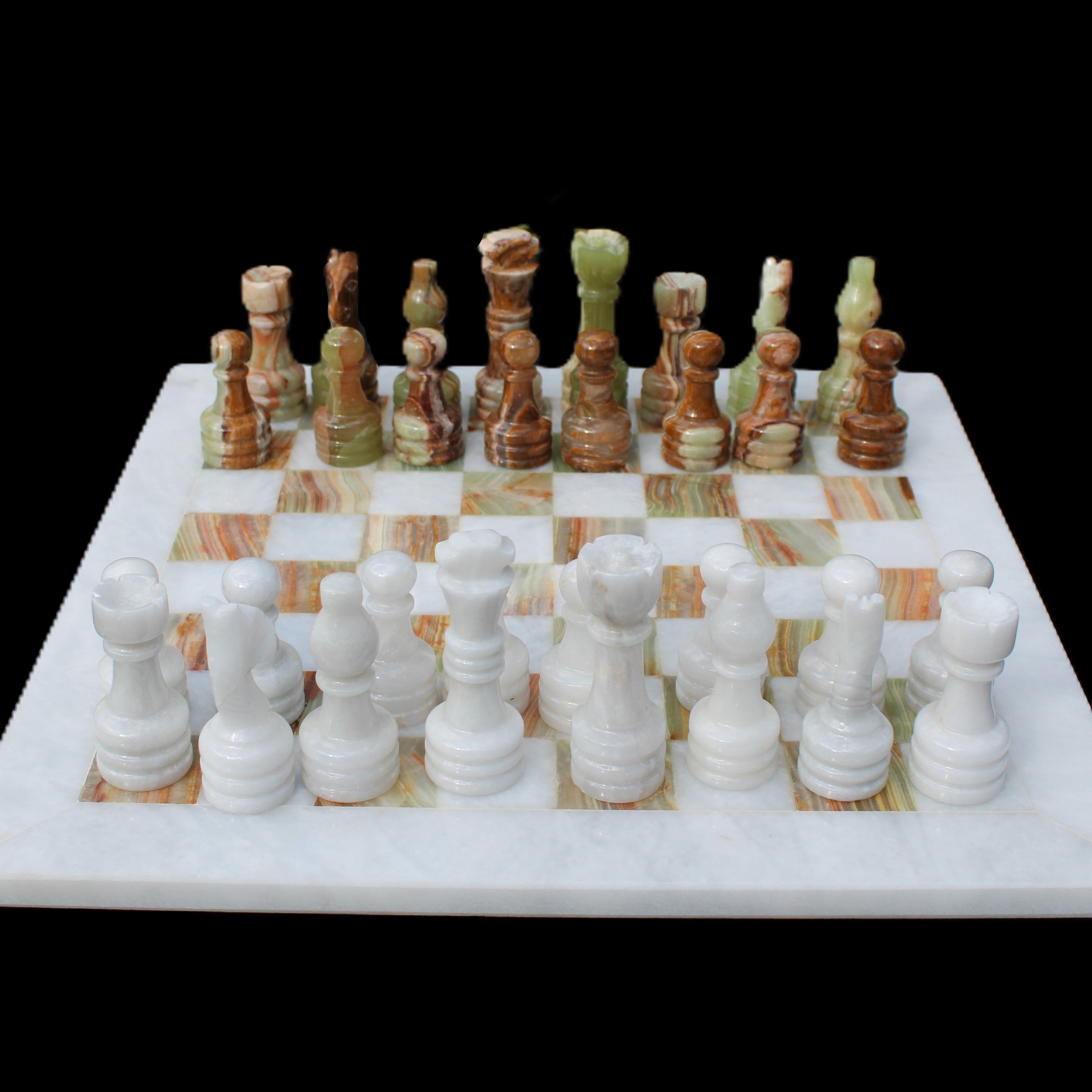 Afghan Jade Onyx hand-carved Chess Set in case in sunlight - Rocks and Things Store