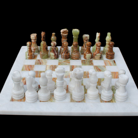 Afghan Jade Onyx hand-carved Chess Set in case in sunlight - Rocks and Things Store