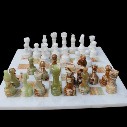 Afghan Jade Onyx hand-carved Chess Set in case in sunlight - Rocks and Things Store