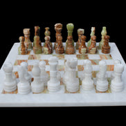 Afghan Jade Onyx hand-carved Chess Set in case in sunlight - Rocks and Things Store