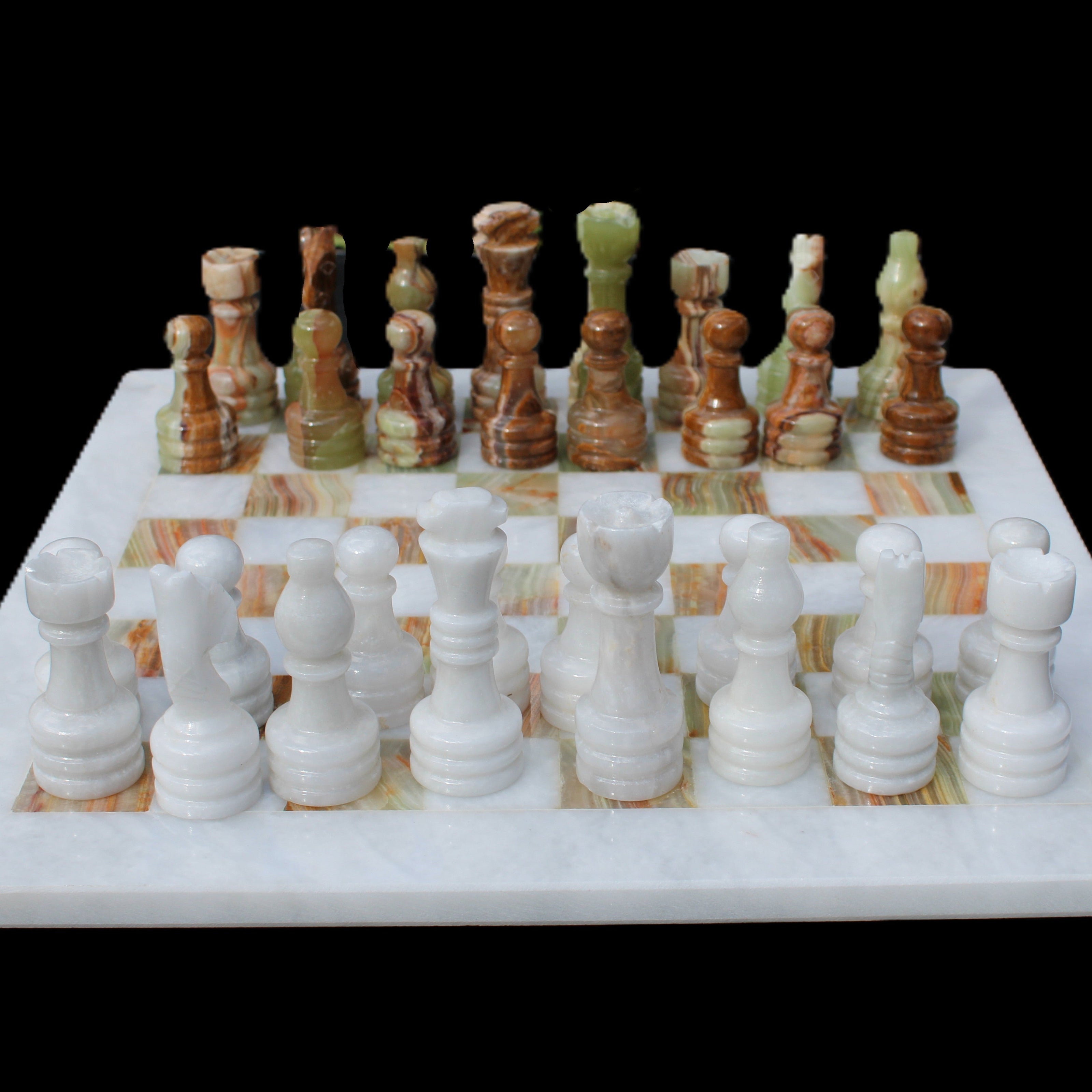Afghan Jade Onyx hand-carved Chess Set in case in sunlight - Rocks and Things Store