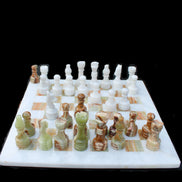 Afghan Jade Onyx hand-carved Chess Set in case in sunlight - Rocks and Things Store