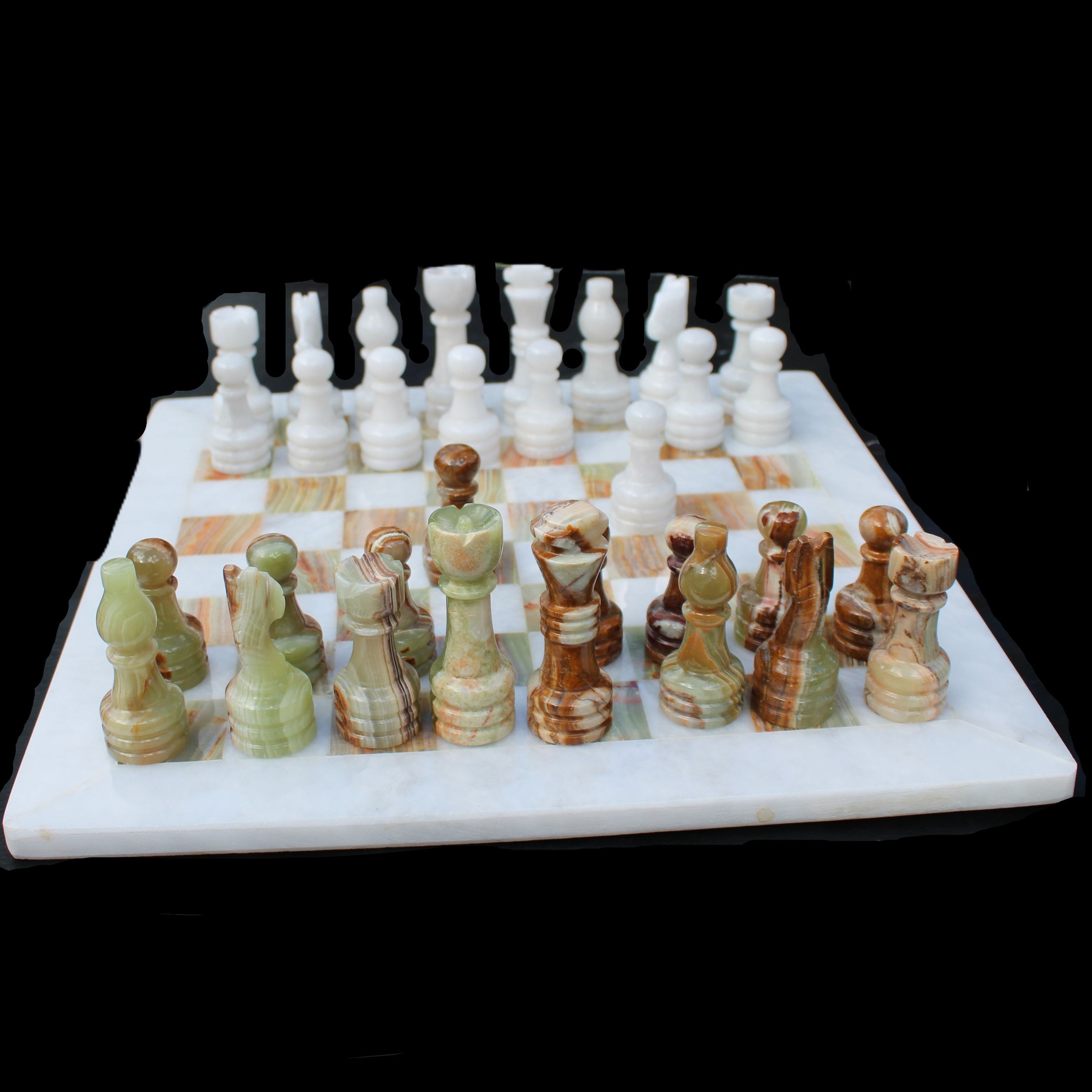 Afghan Jade Onyx hand-carved Chess Set in case in sunlight - Rocks and Things Store