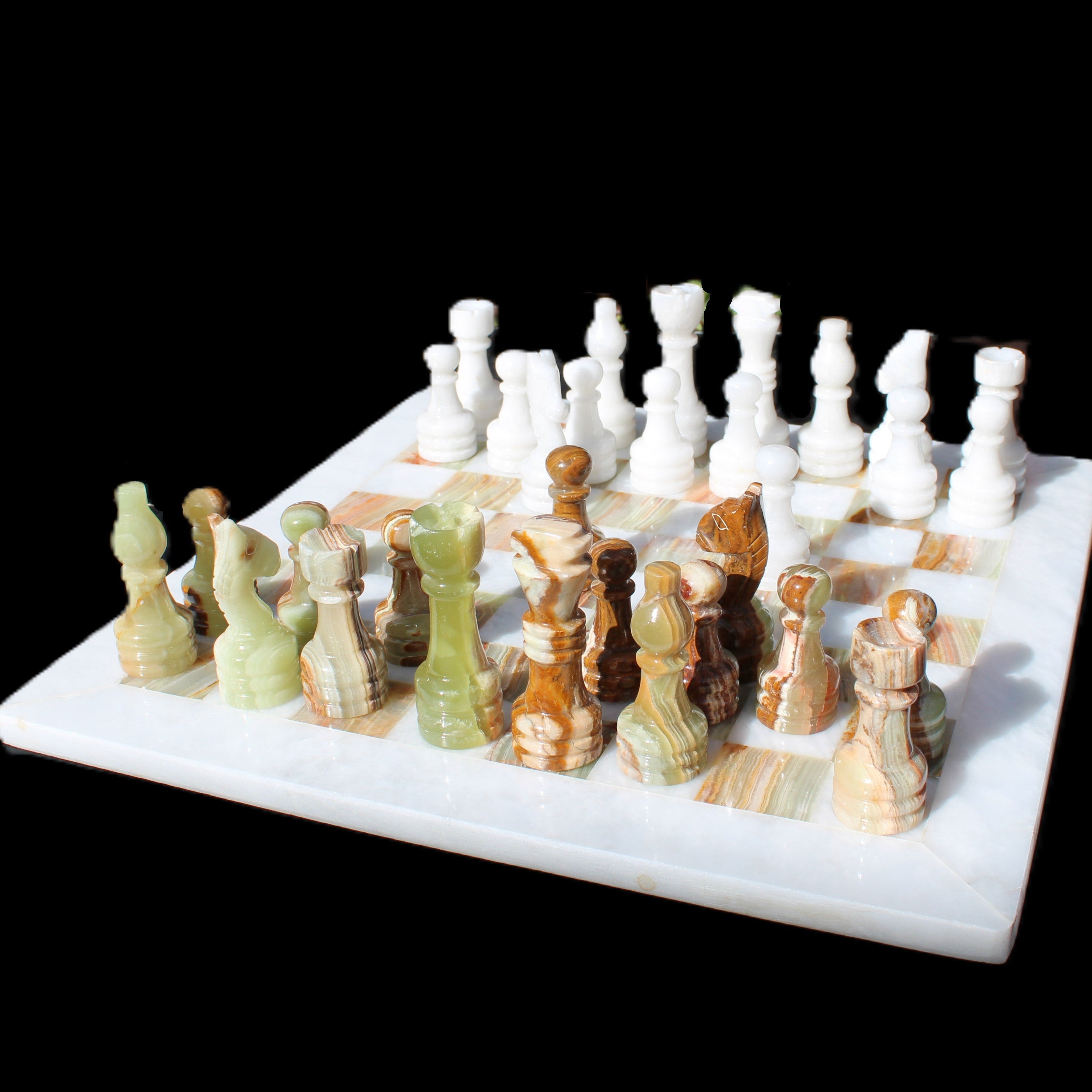 Afghan Jade Onyx hand-carved Chess Set in case in sunlight - Rocks and Things Store