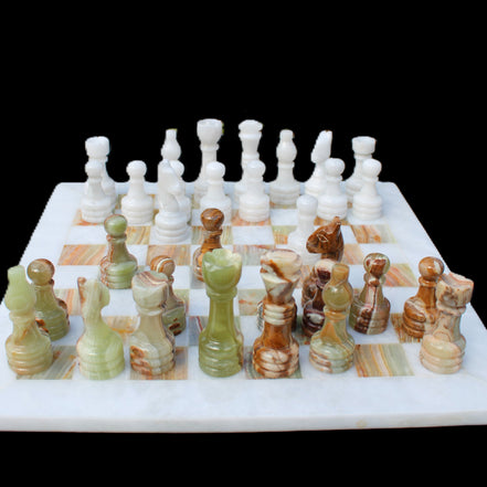 Afghan Jade Onyx hand-carved Chess Set in case in sunlight - Rocks and Things Store