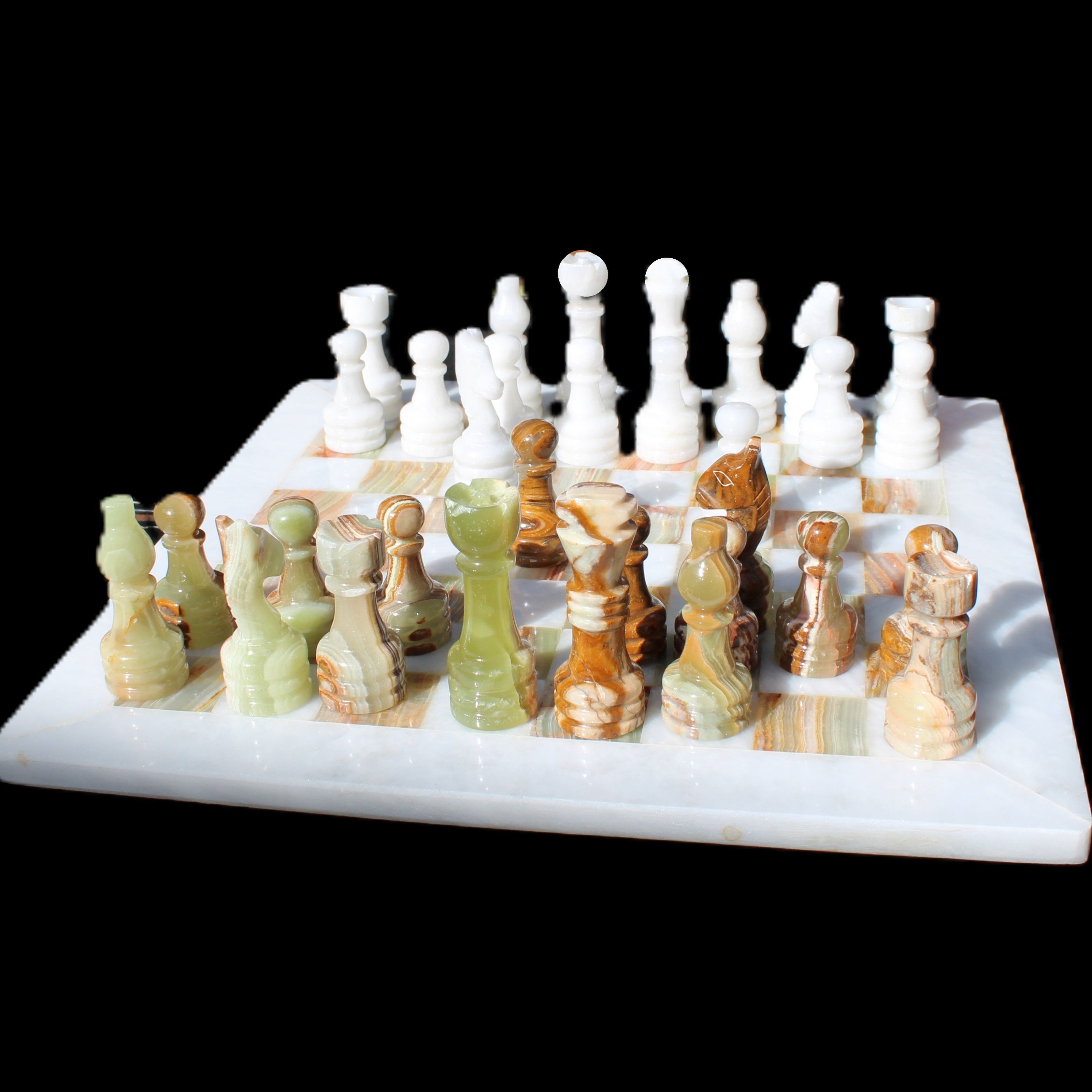 Afghan Jade Onyx hand-carved Chess Set in case in sunlight - Rocks and Things Store
