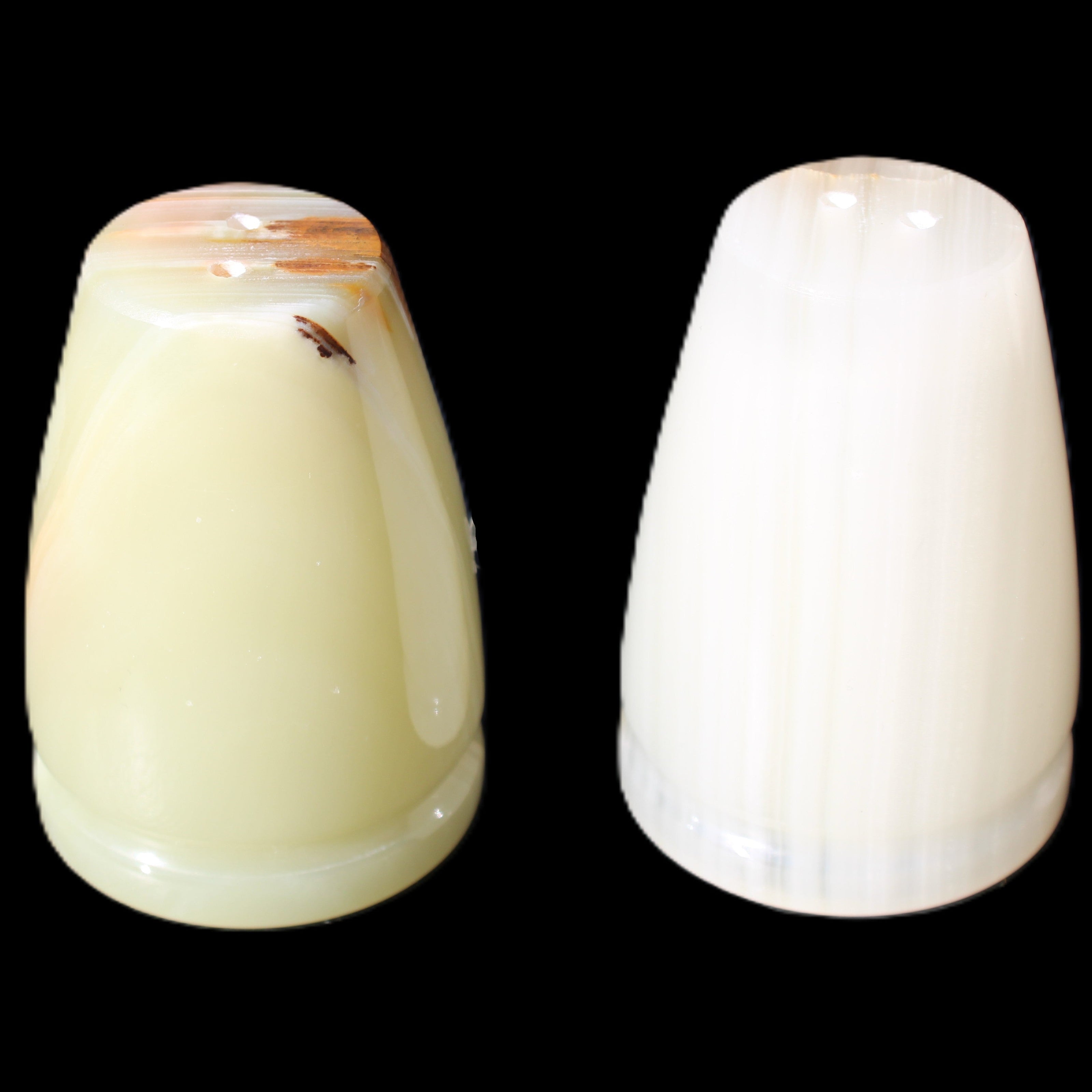 Afghan Jade hand-carved Salt & Pepper shakers 46*65m 158g+172g in sunlight - Rocks and Things Store