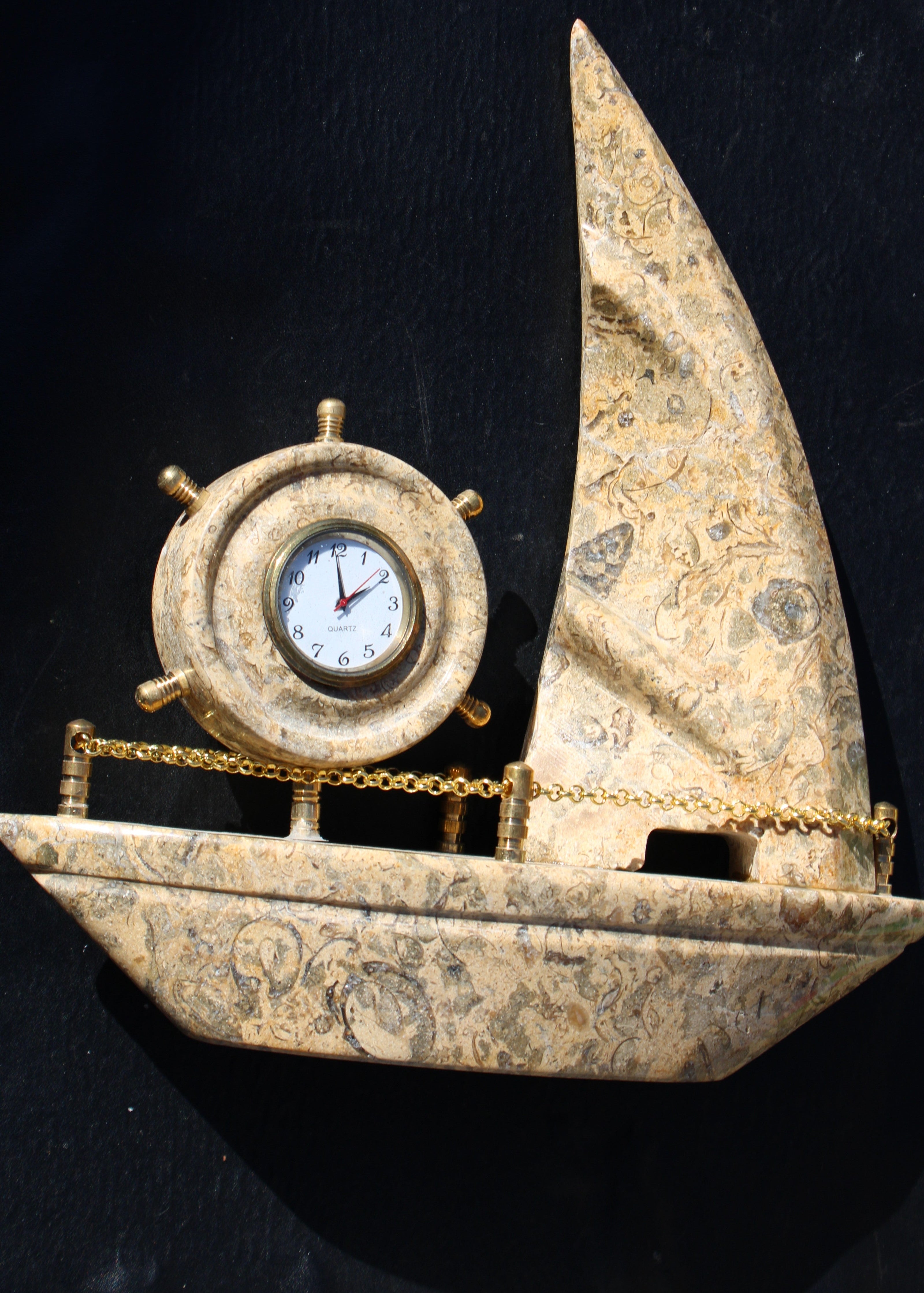 Fossil Rock hand-carved boat 210*55*232mm 1300g in sunlight - Rocks and Things Store