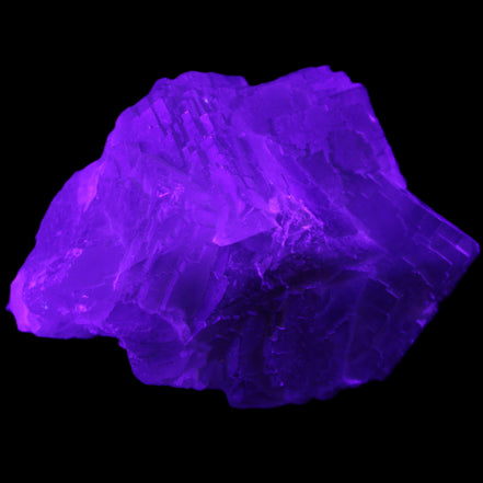 Clear Fluorite cubic cluster 82*58*60mm 404g in UV light - Rocks and Things Store