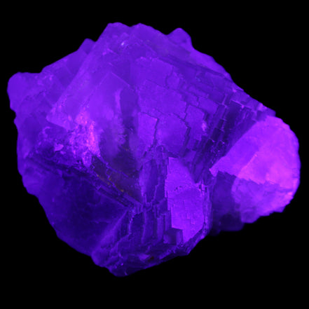 Clear Fluorite cubic cluster 82*58*60mm 404g in UV light - Rocks and Things Store