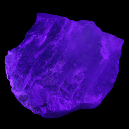 Clear Fluorite cubic cluster 82*58*60mm 404g in UV light - Rocks and Things Store