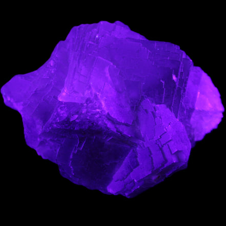 Clear Fluorite cubic cluster 82*58*60mm 404g in UV light - Rocks and Things Store
