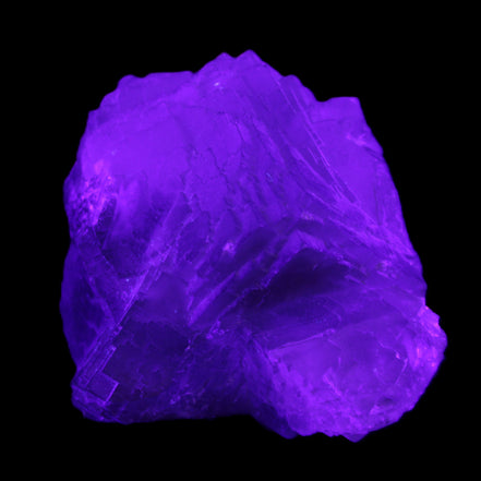Clear Fluorite cubic cluster 82*58*60mm 404g in UV light - Rocks and Things Store