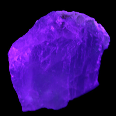 Clear Fluorite cubic cluster 82*58*60mm 404g in UV light - Rocks and Things Store