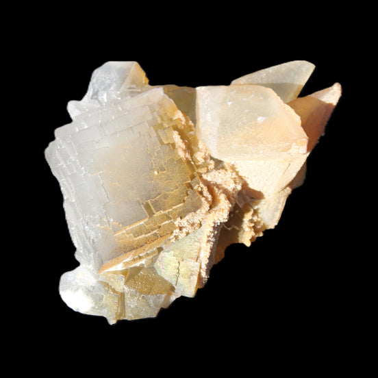 Clear Yellow Fluorite with 45mm dog-tooth Calcite 98*76*55mm 286g in sunlight - Rocks and Things Store