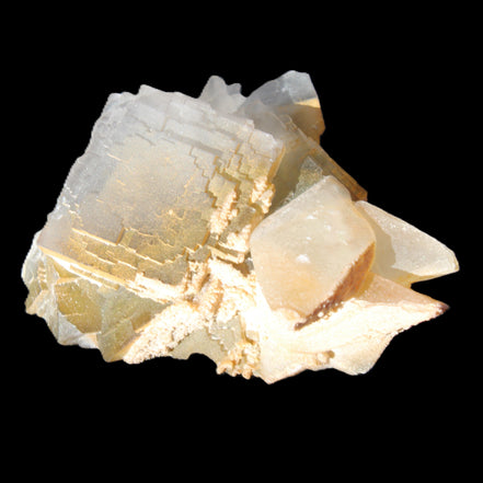 Clear Yellow Fluorite with 45mm dog-tooth Calcite 98*76*55mm 286g in sunlight - Rocks and Things Store