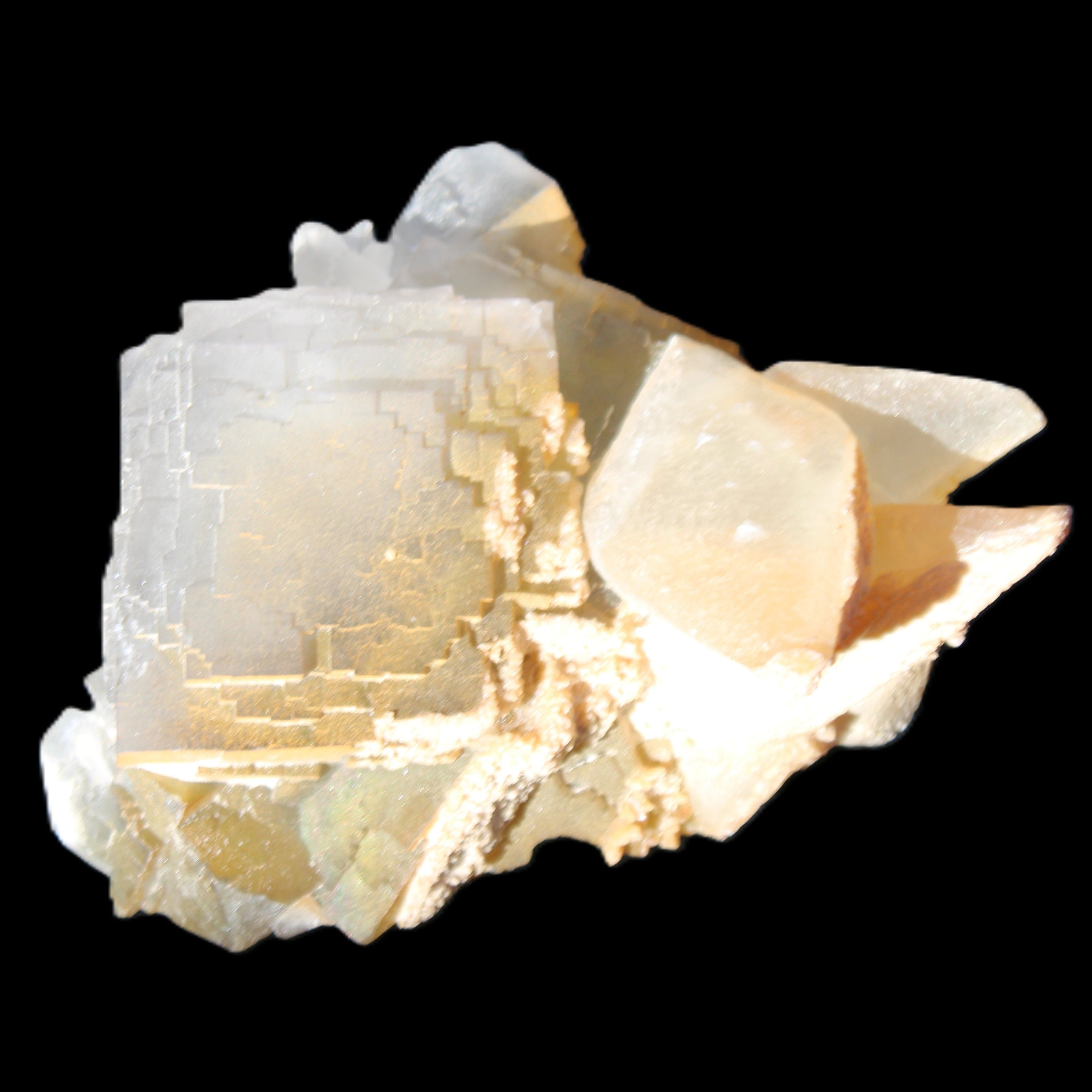 Clear Yellow Fluorite with 45mm dog-tooth Calcite 98*76*55mm 286g in sunlight - Rocks and Things Store