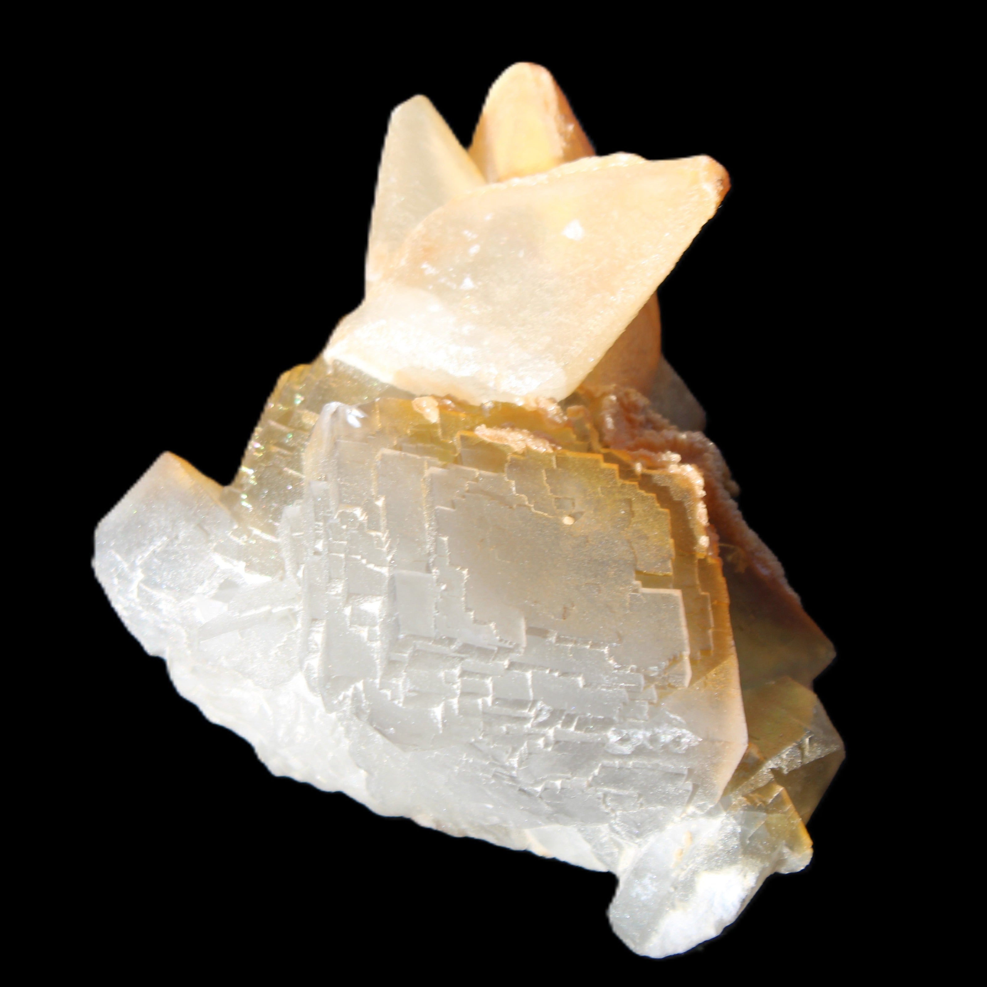 Clear Yellow Fluorite with 45mm dog-tooth Calcite 98*76*55mm 286g in sunlight - Rocks and Things Store