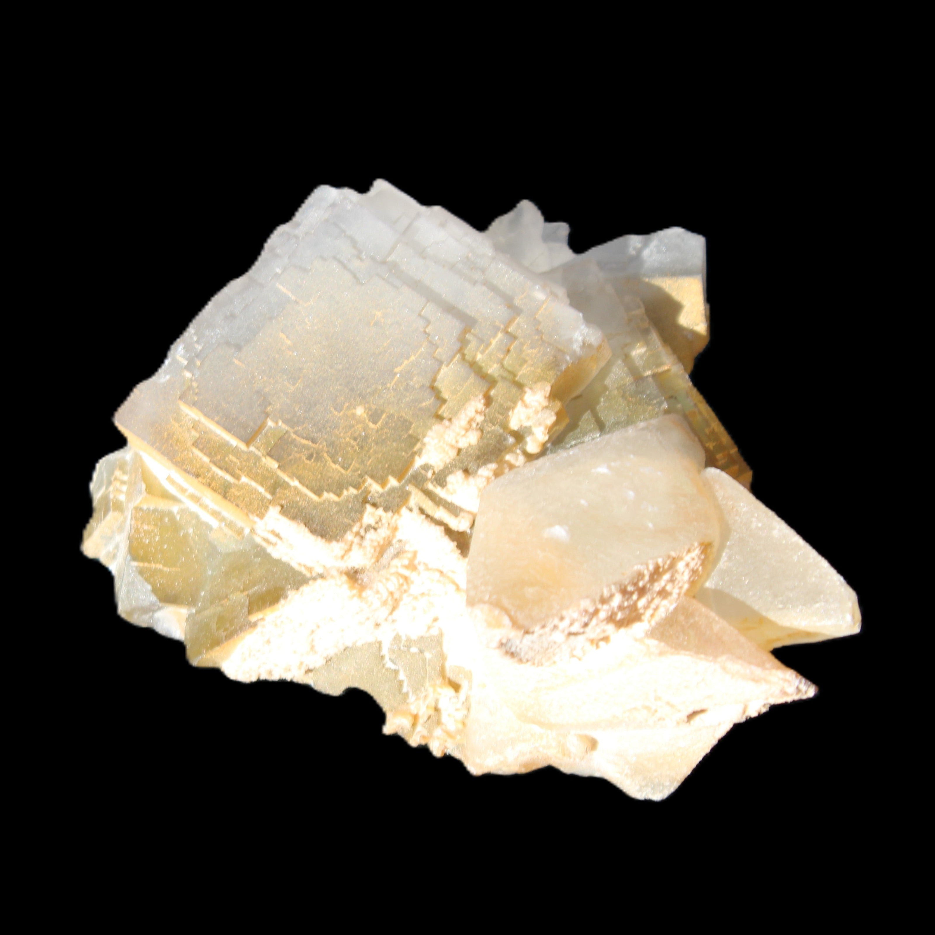 Clear Yellow Fluorite with 45mm dog-tooth Calcite 98*76*55mm 286g in sunlight - Rocks and Things Store