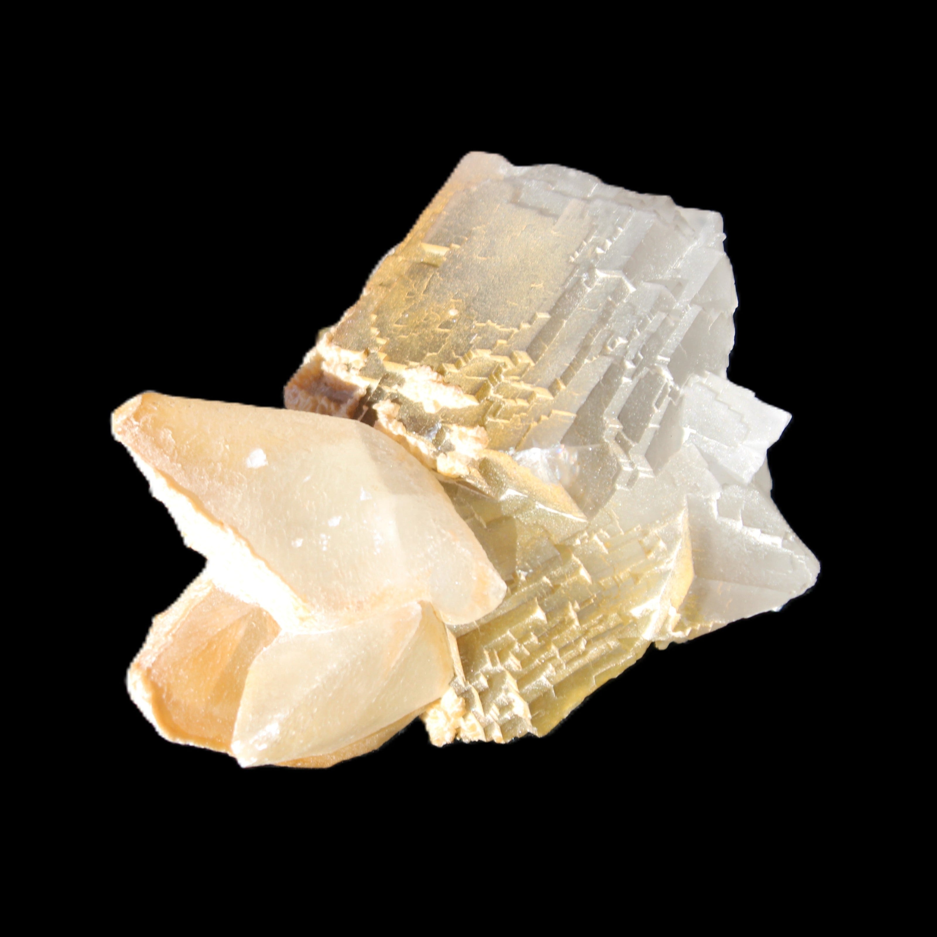 Clear Yellow Fluorite with 45mm dog-tooth Calcite 98*76*55mm 286g in sunlight - Rocks and Things Store