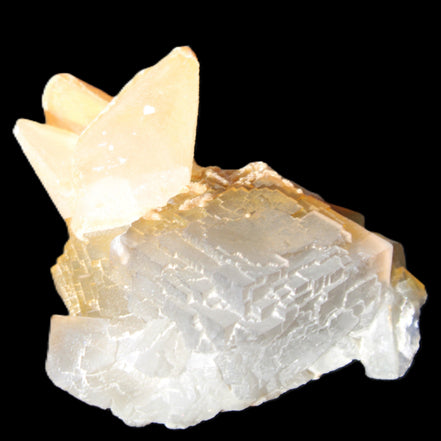 Clear Yellow Fluorite with 45mm dog-tooth Calcite 98*76*55mm 286g in sunlight - Rocks and Things Store