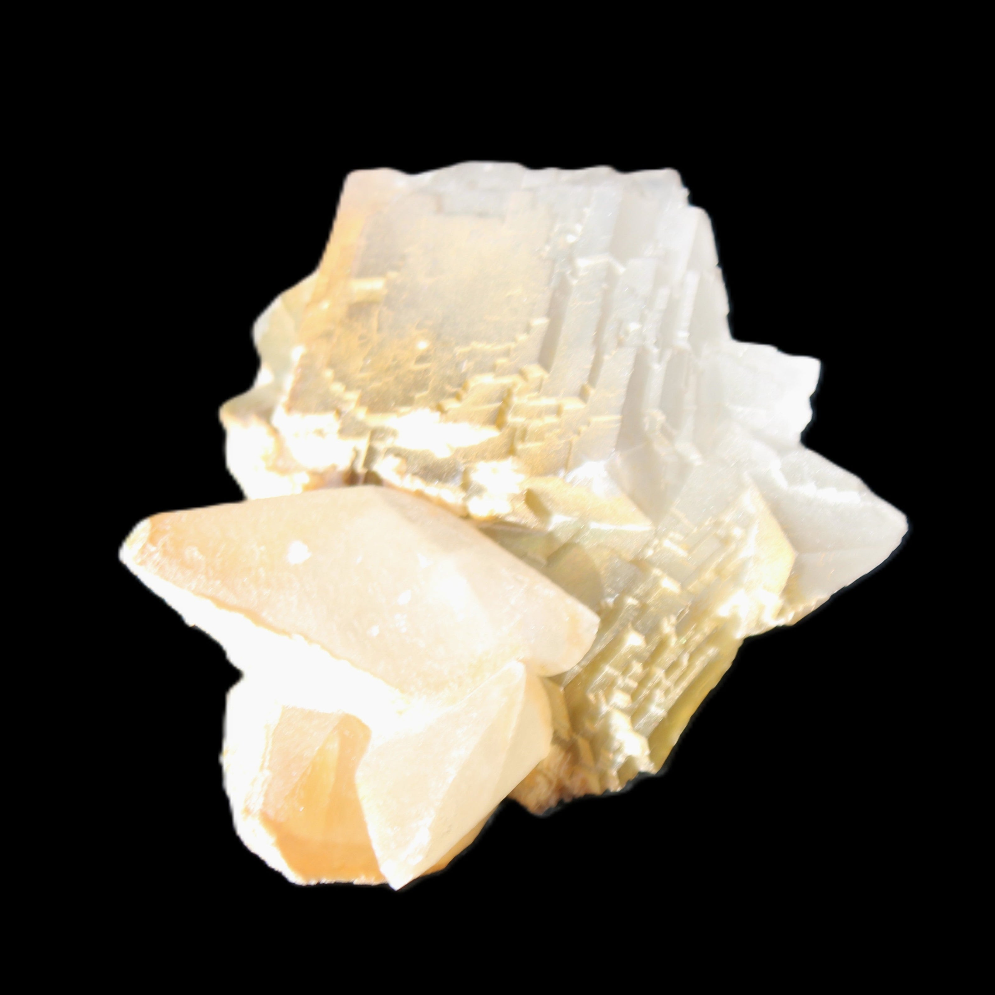 Clear Yellow Fluorite with 45mm dog-tooth Calcite 98*76*55mm 286g in sunlight - Rocks and Things Store