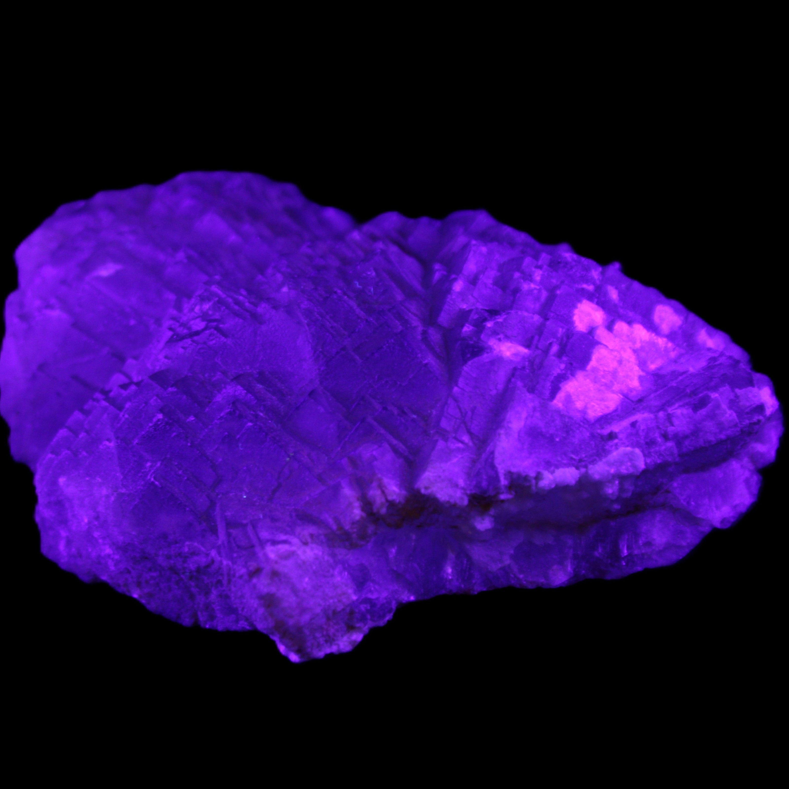Clear Fluorite stepped cluster 87*80*28mm 238g in UV light - Rocks and Things Store