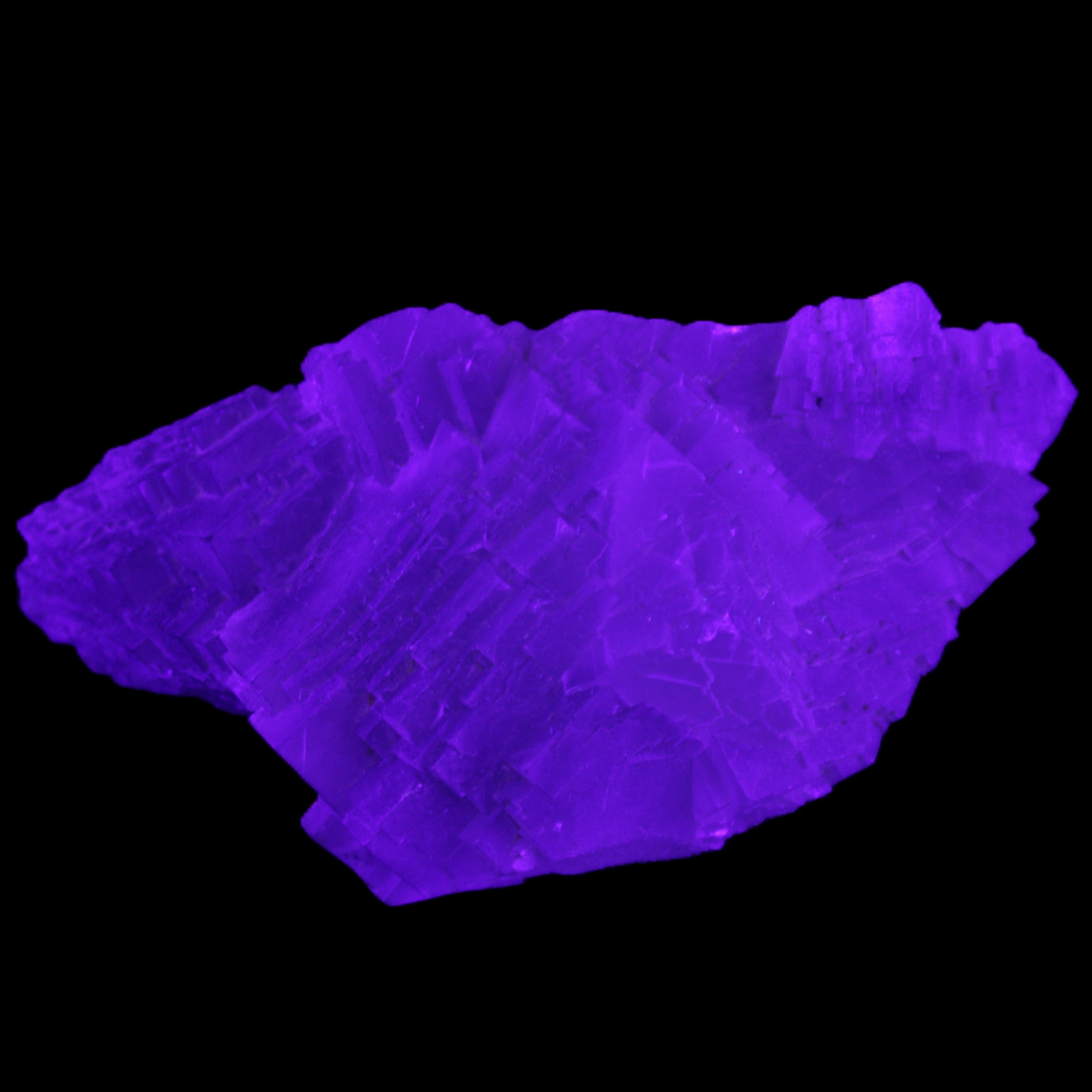 Clear Fluorite stepped cluster 87*80*28mm 238g in UV light - Rocks and Things Store
