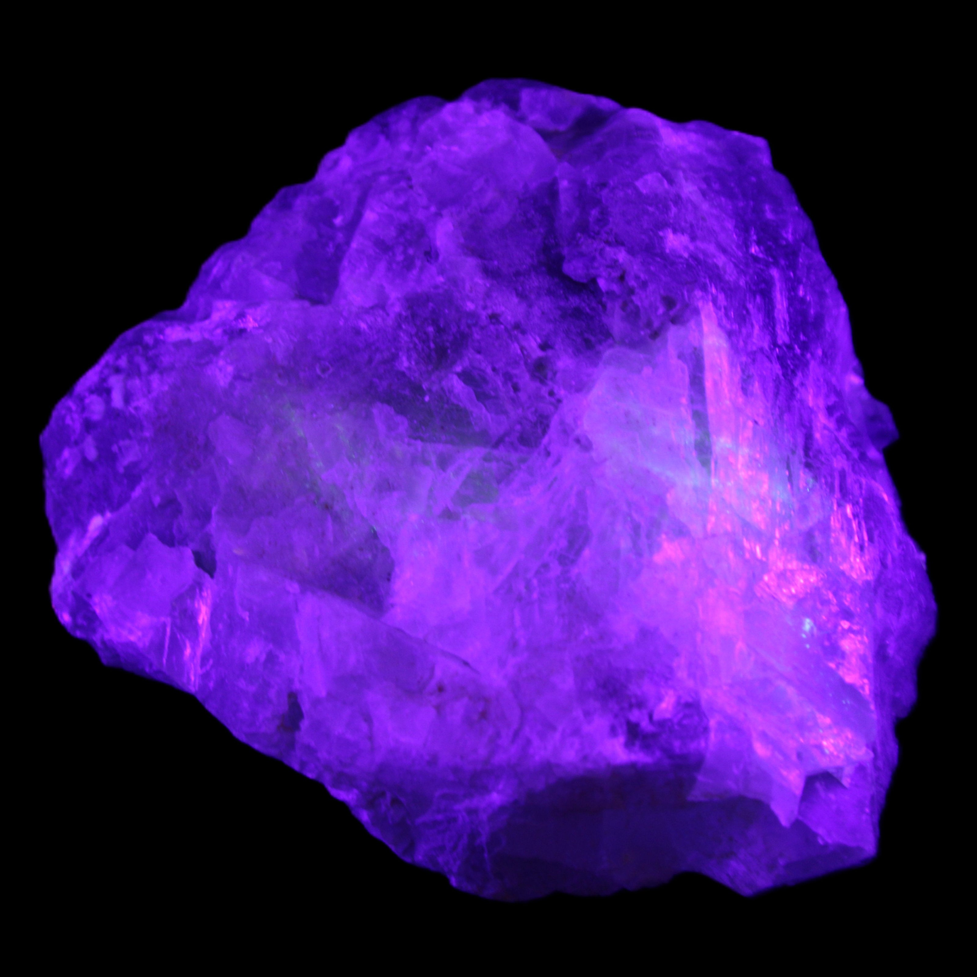 Clear and Coloured Fluorite cluster 110*100*58mm 1056g in UV light - Rocks and Things Store