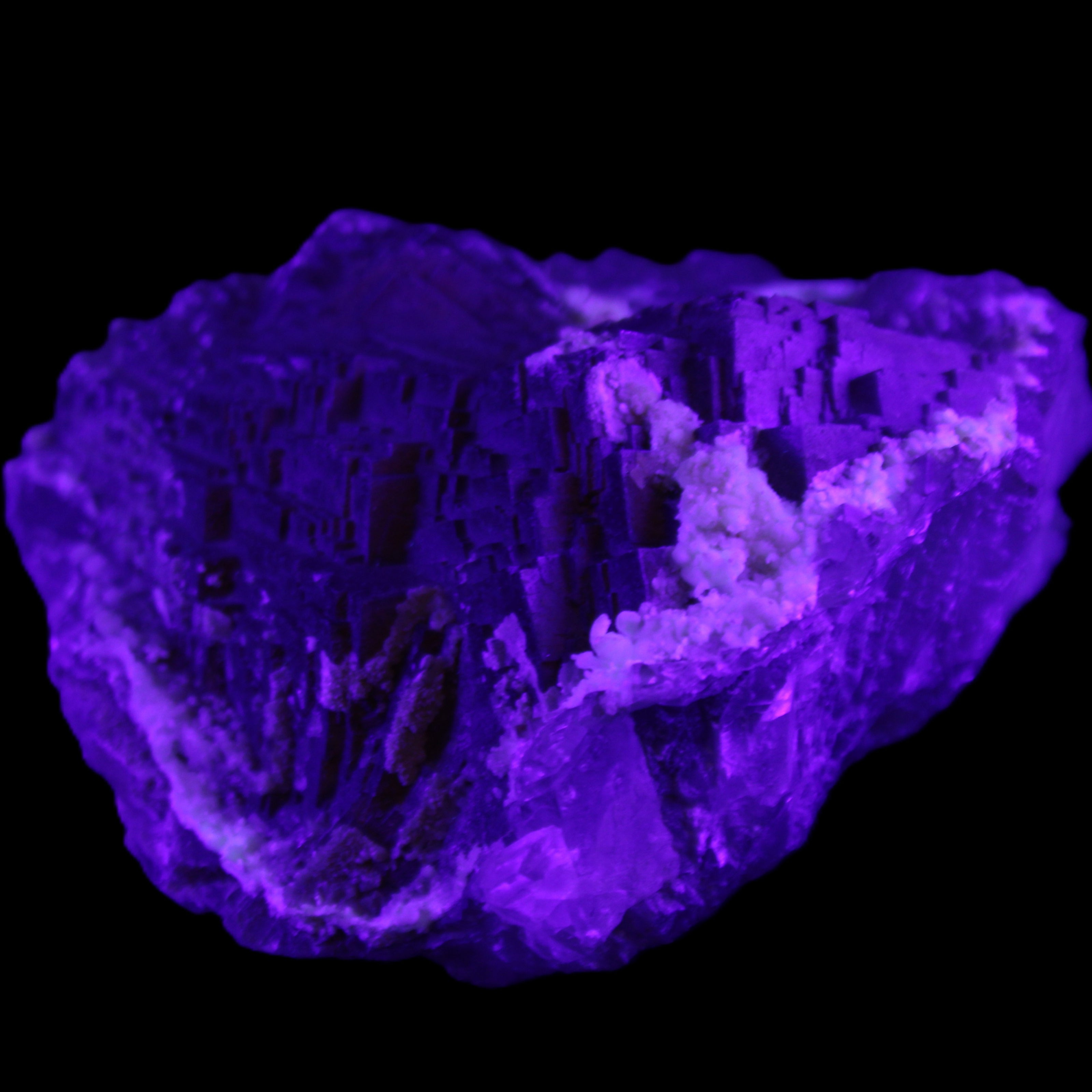 Clear and Coloured Fluorite cluster 110*100*58mm 1056g in UV light - Rocks and Things Store
