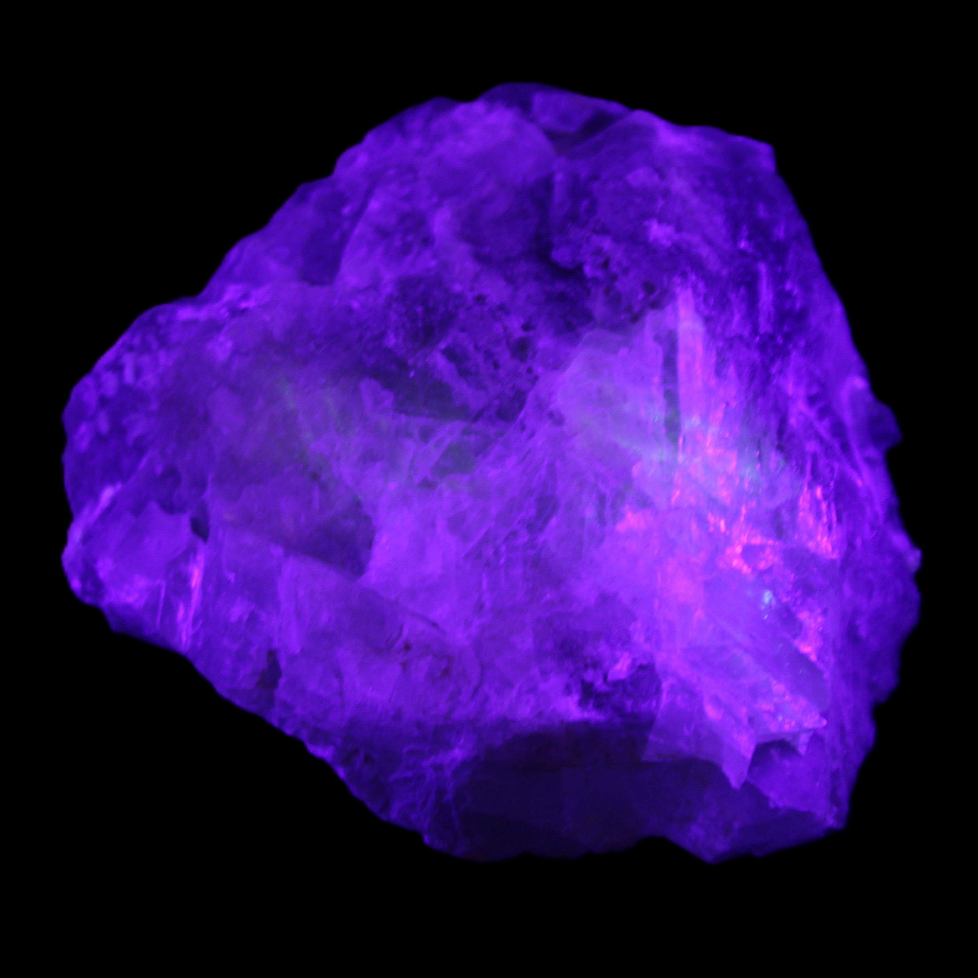 Clear and Coloured Fluorite cluster 110*100*58mm 1056g in UV light - Rocks and Things Store