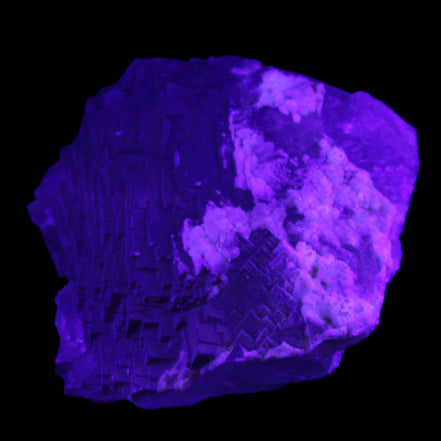 Clear Fluorite stepped cluster 90*80*52mm 523g in UV light - Rocks and Things Store