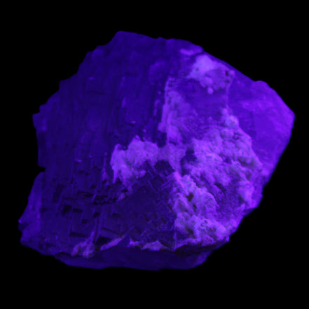 Clear Fluorite stepped cluster 90*80*52mm 523g in UV light - Rocks and Things Store
