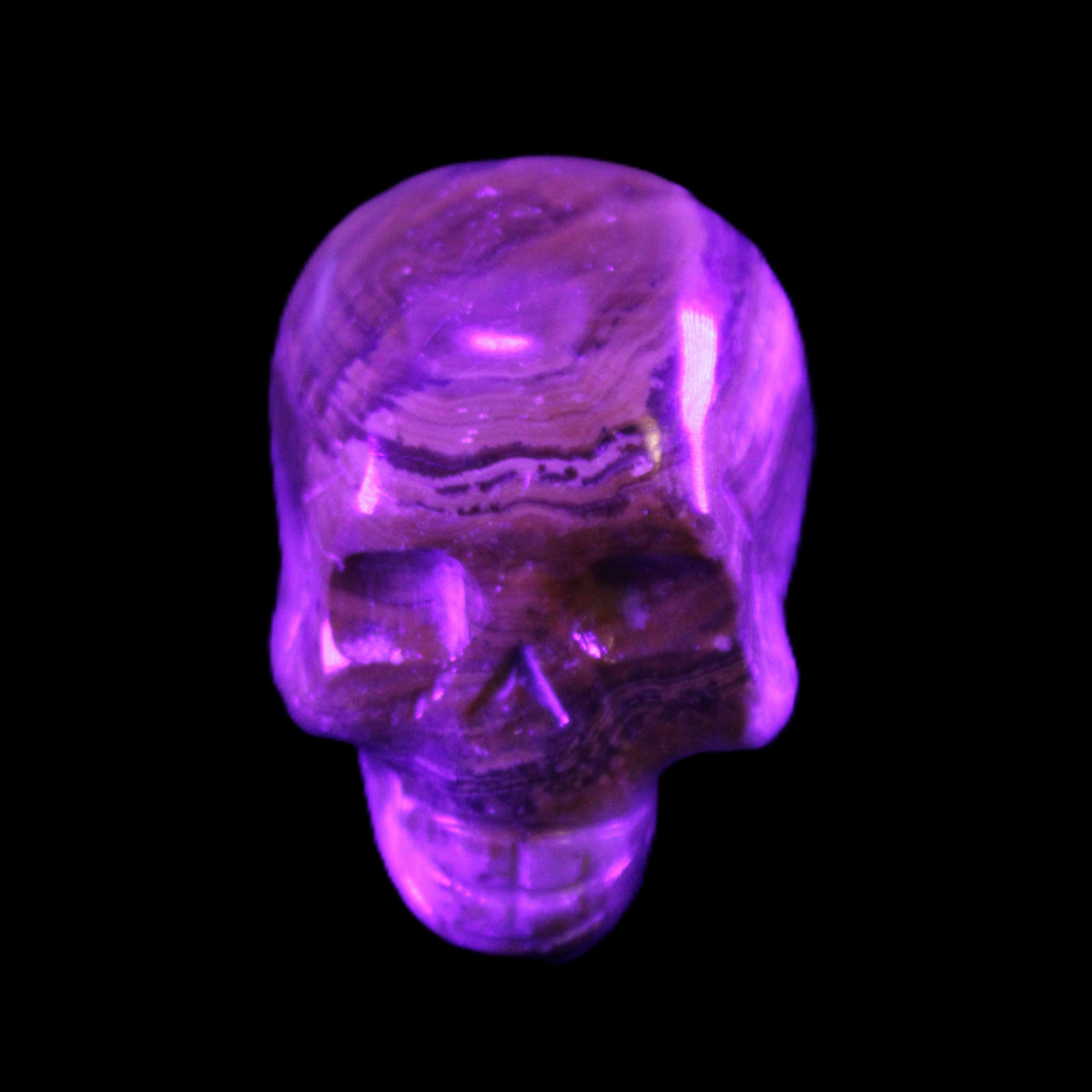 BumbleBee Banded Calcite skull 32*46*39mm 106g in UV light - Rocks and Things Store