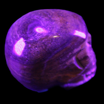 BumbleBee Banded Calcite skull 35*47*39mm 112g in UV light - Rocks and Things Store