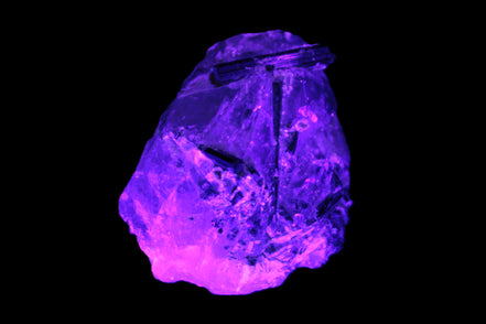 Green Tourmaline crystals on Clear Quartz from Skardu in UV light