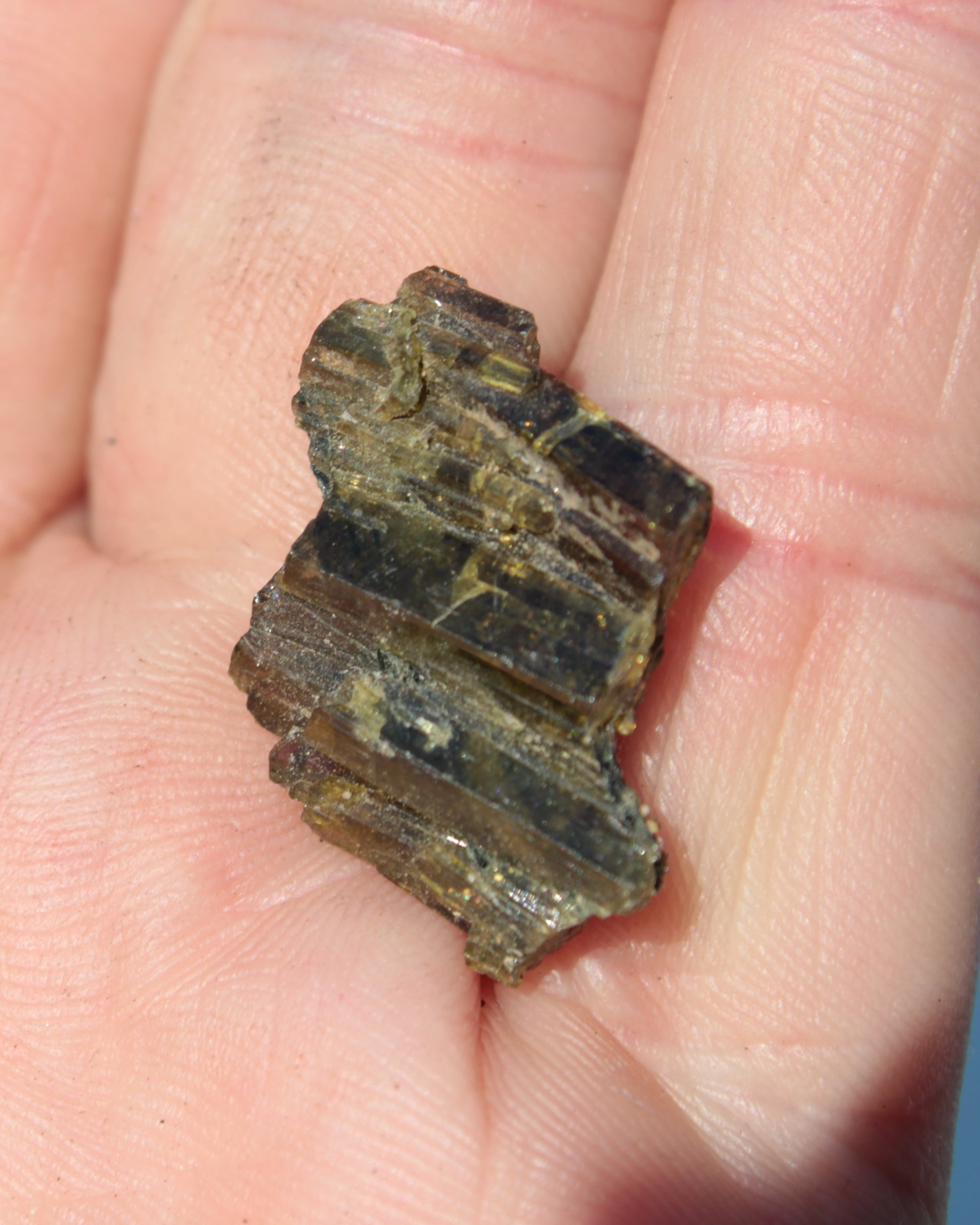 Olive Green with Golden Yellow Tourmaline columnar cluster from Skardu, Pakistan 3g Rocks and Things