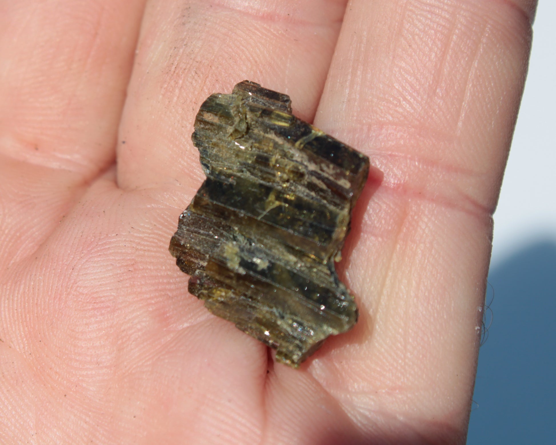 Olive Green with Golden Yellow Tourmaline columnar cluster from Skardu, Pakistan 3g Rocks and Things