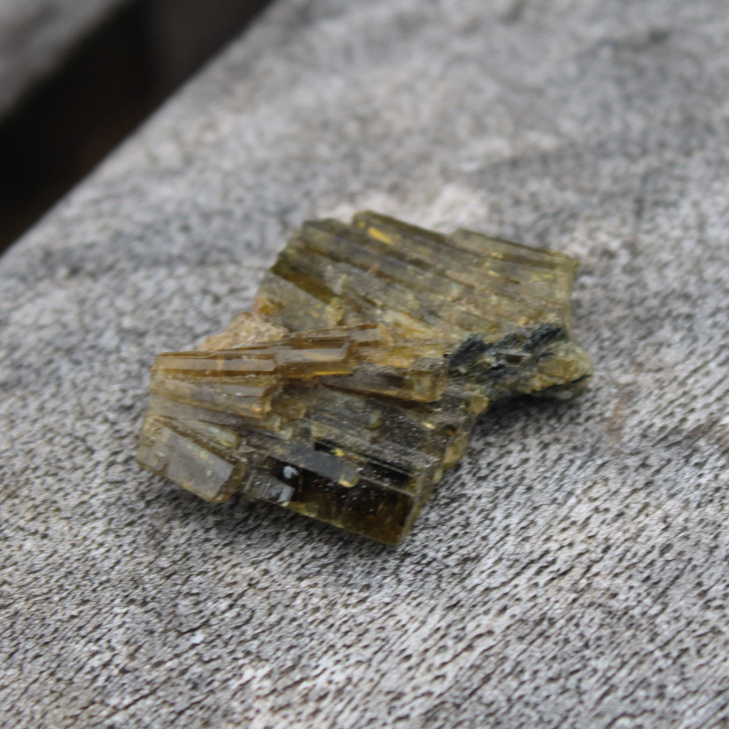 Olive Green with Golden Yellow Tourmaline columnar cluster from Skardu, Pakistan 3g Rocks and Things