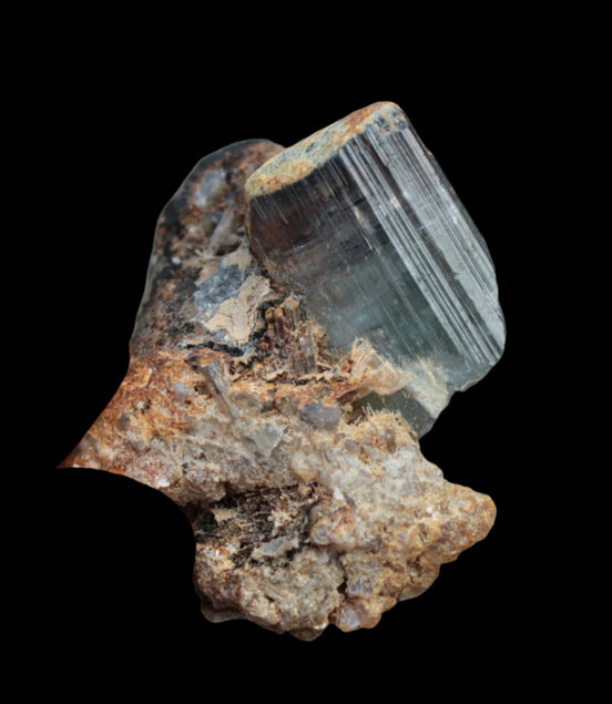 Green multi-coloured Tourmaline crystal in matrix from Skardu, Pakistan 96.6ct 19.3g in dull sunlight - Rocks and Things Store