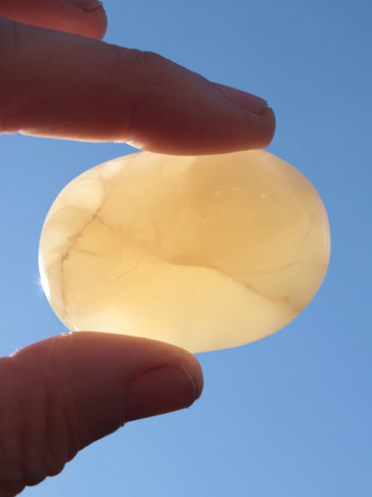 Honey Calcite palm stone from Pakistan 71.7g Rocks and Things